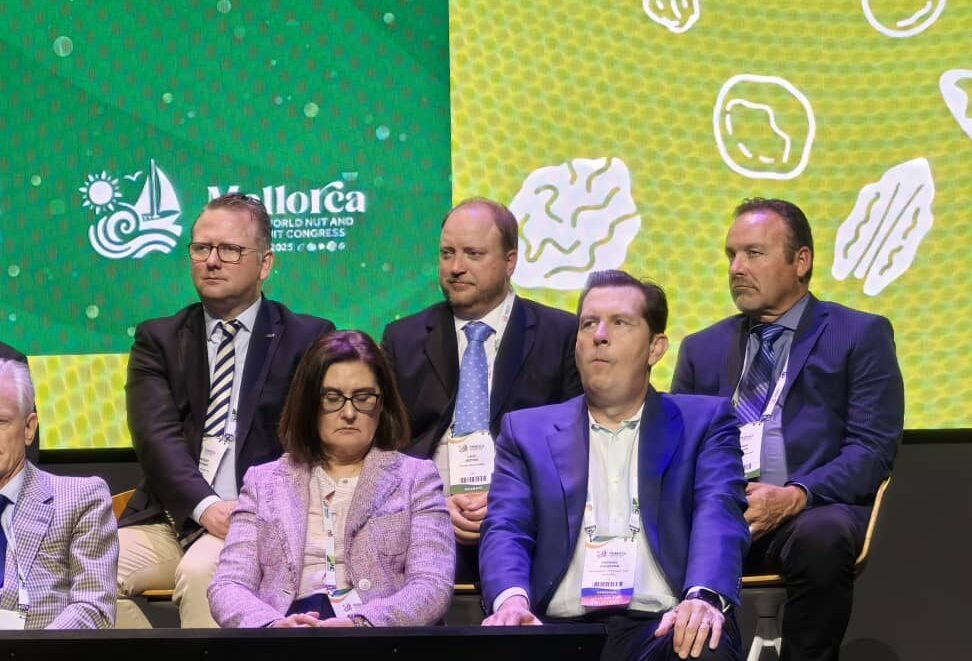 Lalo on stage with a panel at the World Nut and Dried Fruit Congress in Mallorca